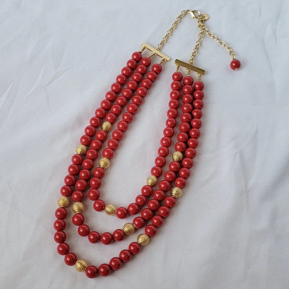 Talbots Signed Red and Gold Three Strand Beaded Necklace